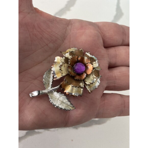 Vintage 1950 Rose Brooch Silver Tone Simulated Garnet for Repair or Restoration - Picture 4 of 11